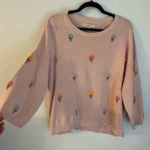 LOFT Pink Crewneck Sweater with Floral Design